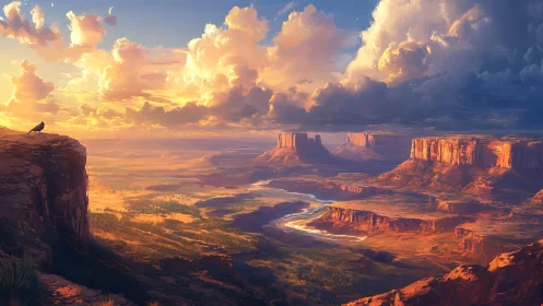 Sunlit canyon river winding under glowing desert clouds.