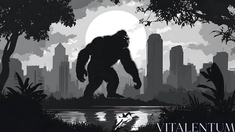 Moonlit giant gorilla greets a quiet, shadowy city skyline