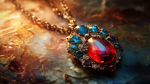 Ornate red and blue gemstone pendant on textured surface.