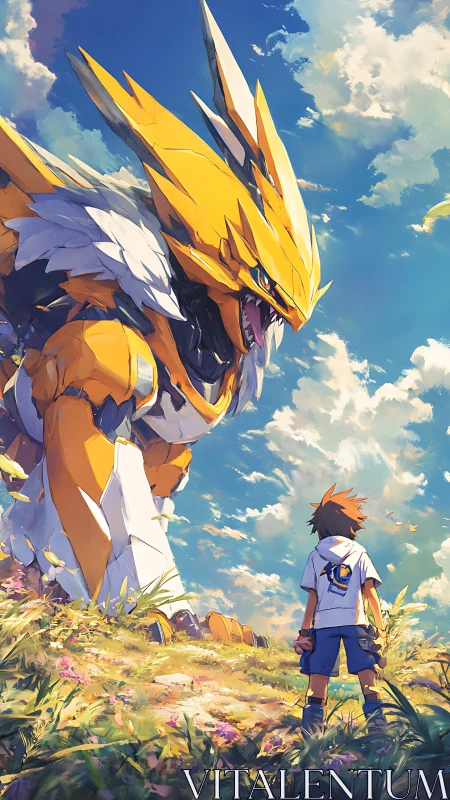 Anime key visual of boy and mecha beast under summer sky.