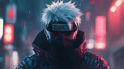 Neon drenched ninja stands calm in a rain soaked city night