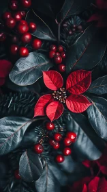 Red poinsettia bracts with berries in dark foliage cluster.