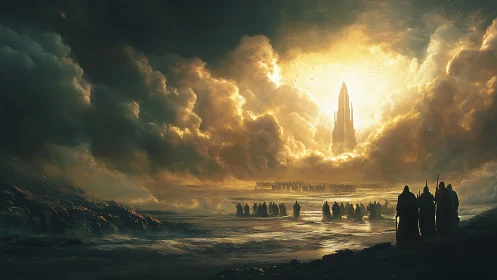 Pilgrims approach radiant citadel beyond stormlit shore.