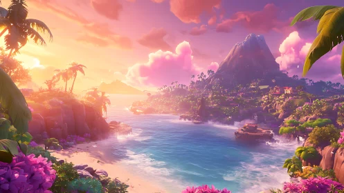 Tropical Island Landscape with Mountain and Sunset Lighting