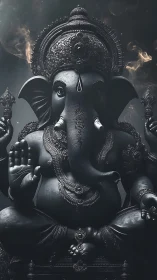 Detailed dark-toned Ganesha statue with ornate adornments.