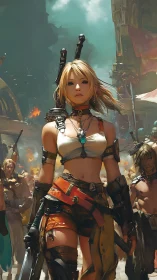 Rebel warrior strides through sunlit, storm-torn streets.