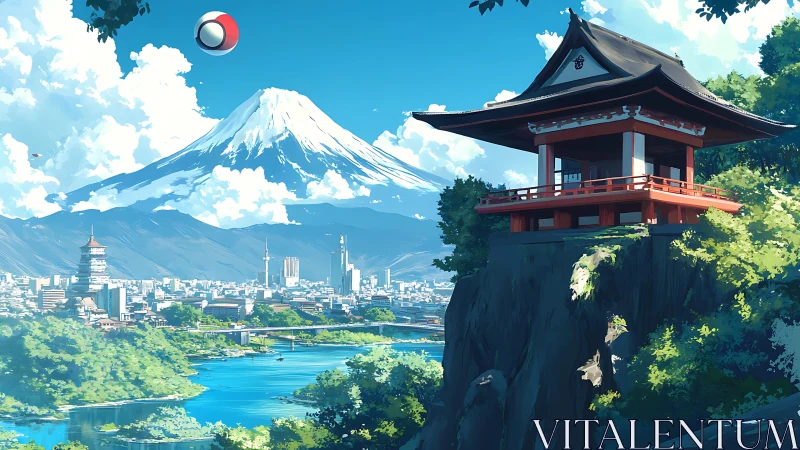 Serene temple overlooks a vibrant city beneath snowy peaks