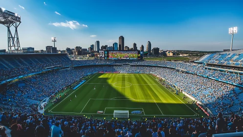 Wide-angle stadium panorama with balanced urban skyline framing.