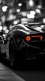 Black sports car rear view in night city street scene.