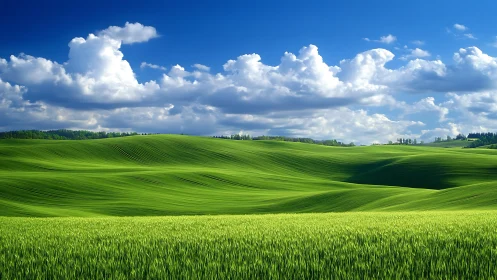 Rolling green farmland under clouds and clear blue sky.