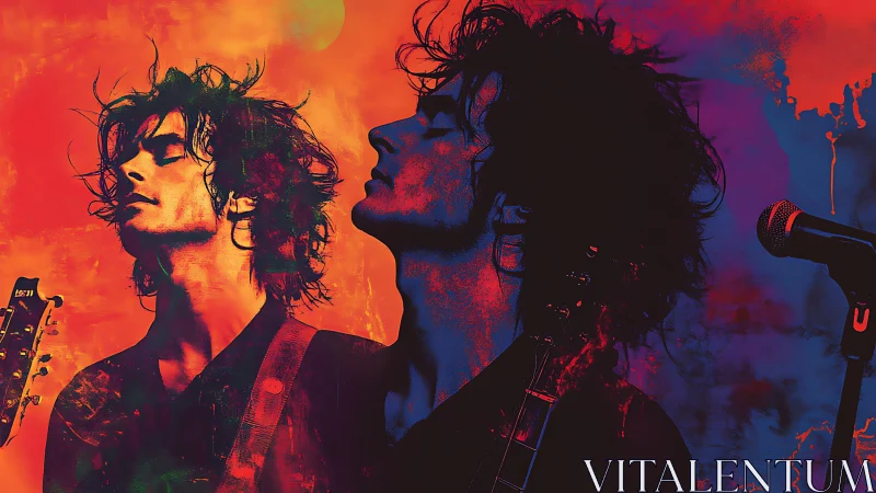 Electric stage reverie in neon duotone rock portraiture.