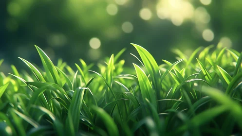 Sunlit blades of grass glow softly in dreamy bokeh light.