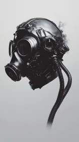 Futuristic black respirator helmet in minimalist smoke field.