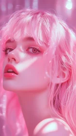 Dreamy pink portrait bathed in soft neon light glow.