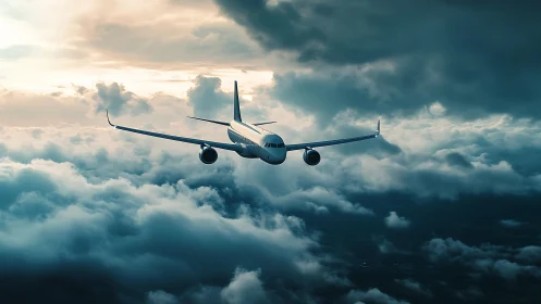 Twin‑engine airliner traversing turbulent cumuliform cloud deck.