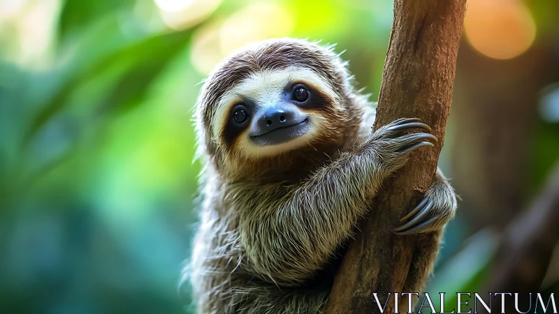 Three-toed sloth clings to tree in lush green forest.