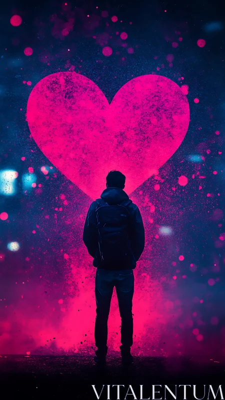 Silhouetted figure confronts luminous heart form through neon particle field.