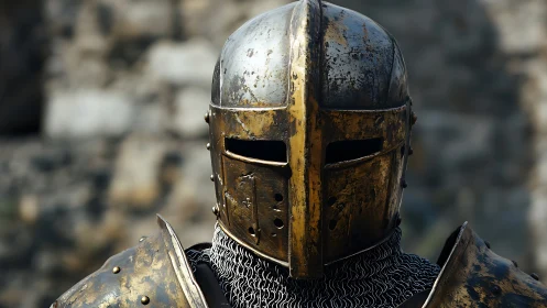 Battle-worn knight helm gleams with scars of forgotten wars.