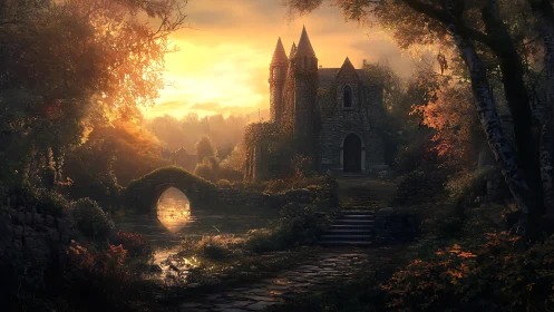 Sunlit castle path winding through a quiet autumn dreamscape.