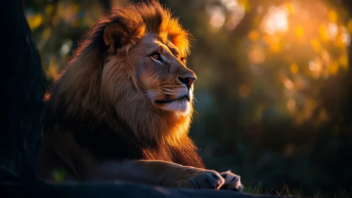 Photorealistic lion portrait in cinematic rim lighting at dusk.