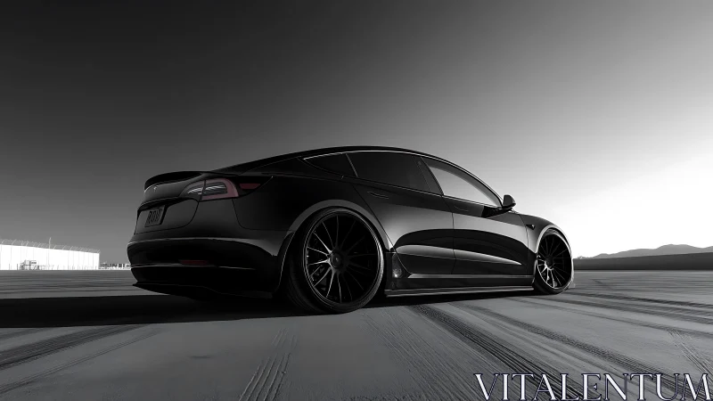 Low-angle rear view shows black sedan on open flat surface