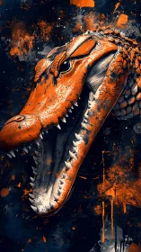 Ferocious orange crocodile head erupts through splatter canvas
