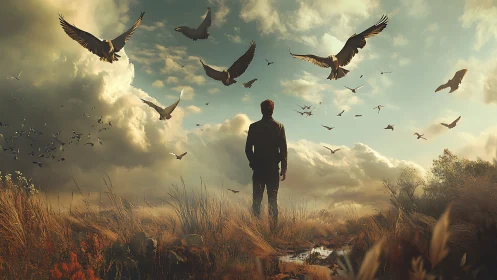 Backlit solitary figure observing flock dynamics in storm-lit sky