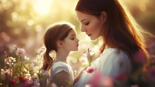Soft-focus photorealistic portrait of mother and daughter in bloom.