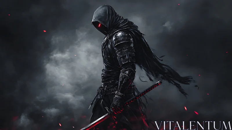 Hooded dark knight with katana stands in cinematic backlight