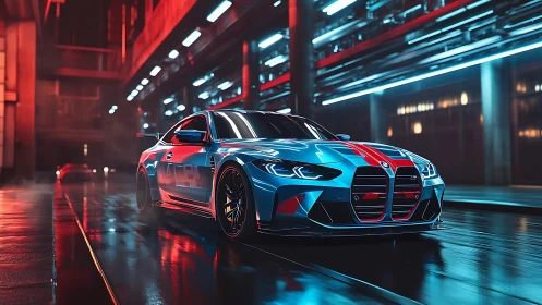 Electric blue sports coupe under neon tunnel lighting.