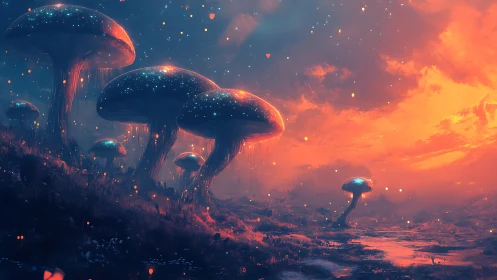 Glowshroom valley under a dreamy neon twilight sky.