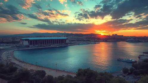 Golden harbor sunset embracing a peaceful coastal city.