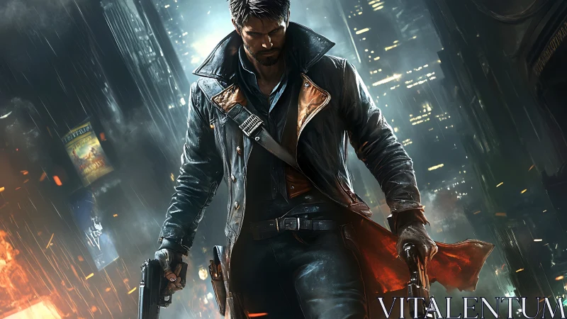 Armed vigilante stalks neon city under burning rain.