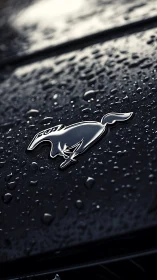 Chrome mustang emblem under rain on glossy black hood.