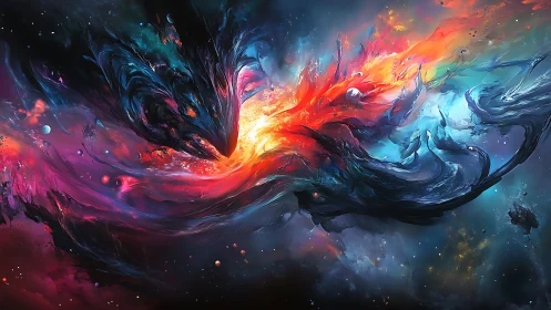 Cosmic dragons collide in a chromatic supernova ballet.