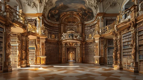 Baroque library interior shows ornate shelves and painted ceiling