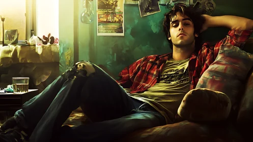 Young man reclines on worn sofa in dimly lit bedroom