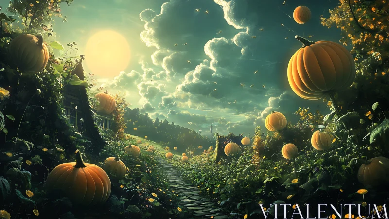 Sunlit cobblestone path with large pumpkins in dense foliage.