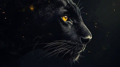 Black Panther with Golden Eyes Against Dark Mystical Background.