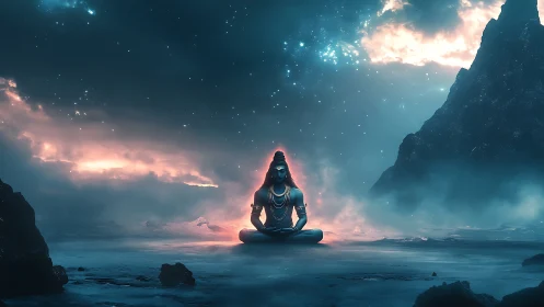 Digital render shows meditating figure in luminous cavern