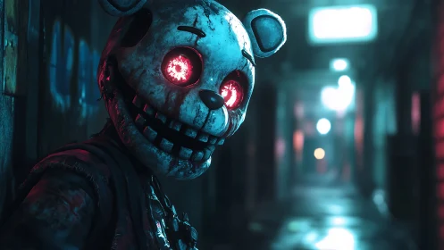 Animatronic bear with glowing optics stalks neon alley at night
