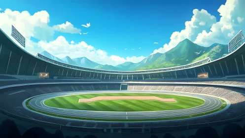 Panoramic digital stadium rendering with track and infield focus