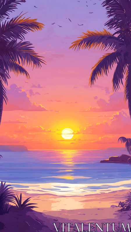 Tropical shoreline sunset with stylized palm silhouettes and surf