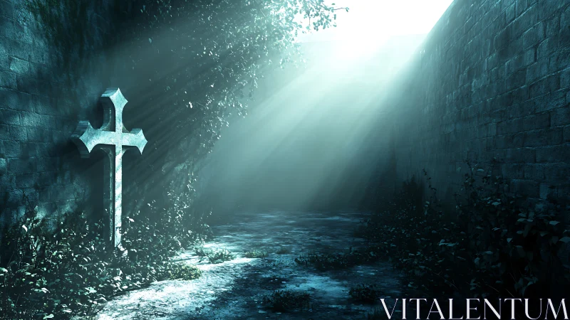 Stone cross catches cold light in overgrown corridor.
