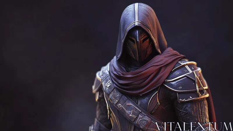 Mysterious hooded warrior wrapped in deep crimson and steel.