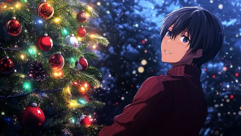 Smiling boy admires illuminated outdoor Christmas tree