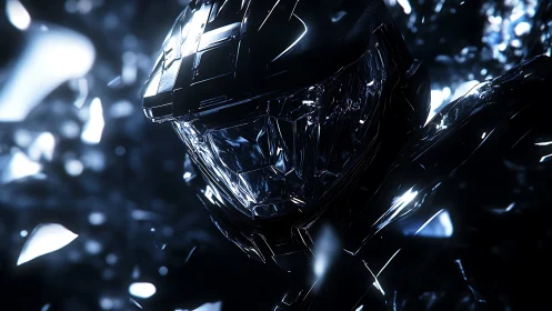 Futuristic armored helmet glows within fractured blue light field