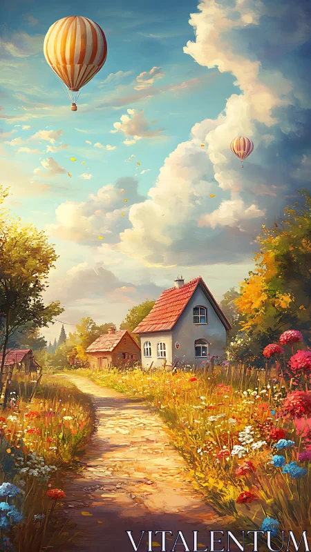 Gentle country lane drifts toward a cottage and hot air balloons