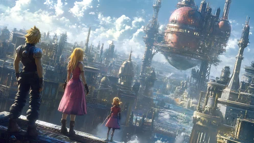 Heroes gaze across a vast floating steampunk metropolis at dawn