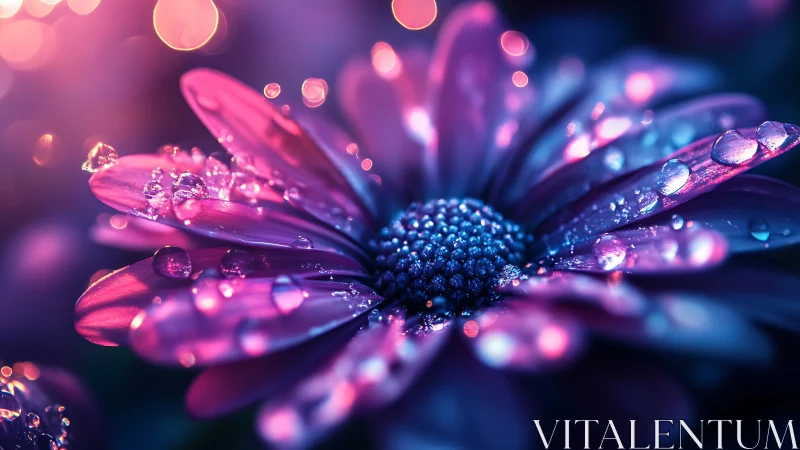 Macro Daisy with Water Droplets in Neon Gradients.